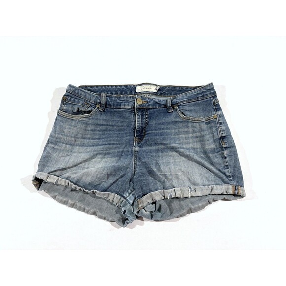 Torrid Blue Mid Rise Short Short Denim Rolled Distressed Jeans Shorts Sz 18 Hole - Picture 1 of 13
